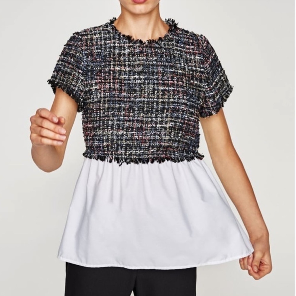 ZARA Tweed Black White Peplum Babydoll Short Sleeves Mixed Media Top Blouse
